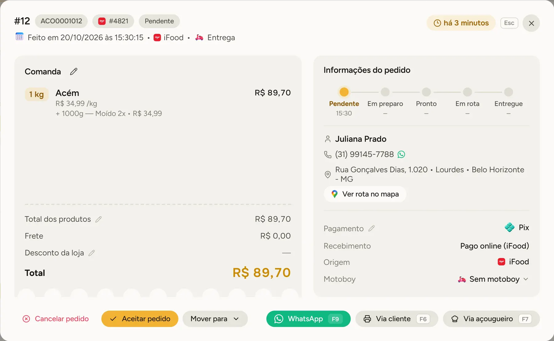 Detalhe de um pedido do iFood no painel da Steakfy, com os itens, o corte e o status
