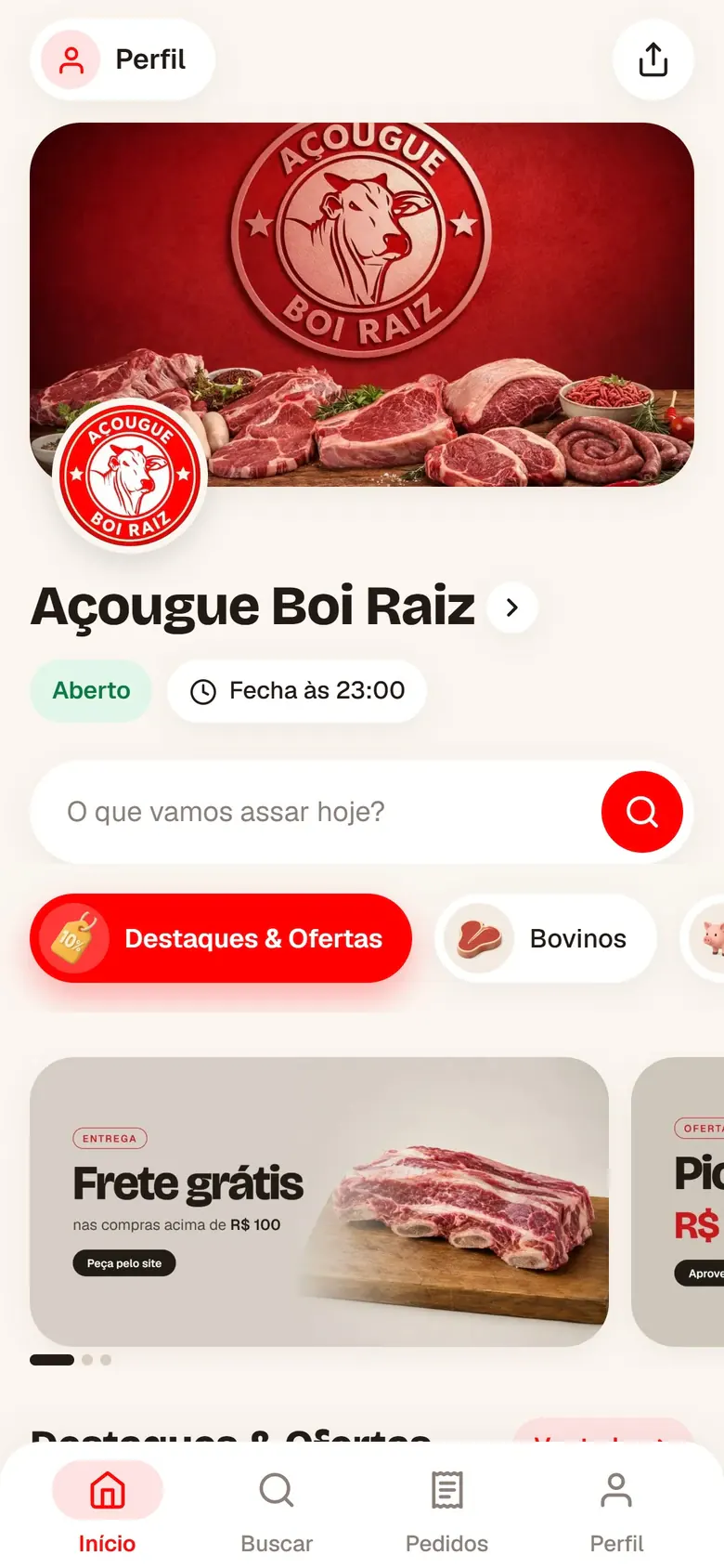 Topo da loja online: capa, logo e nome do açougue
