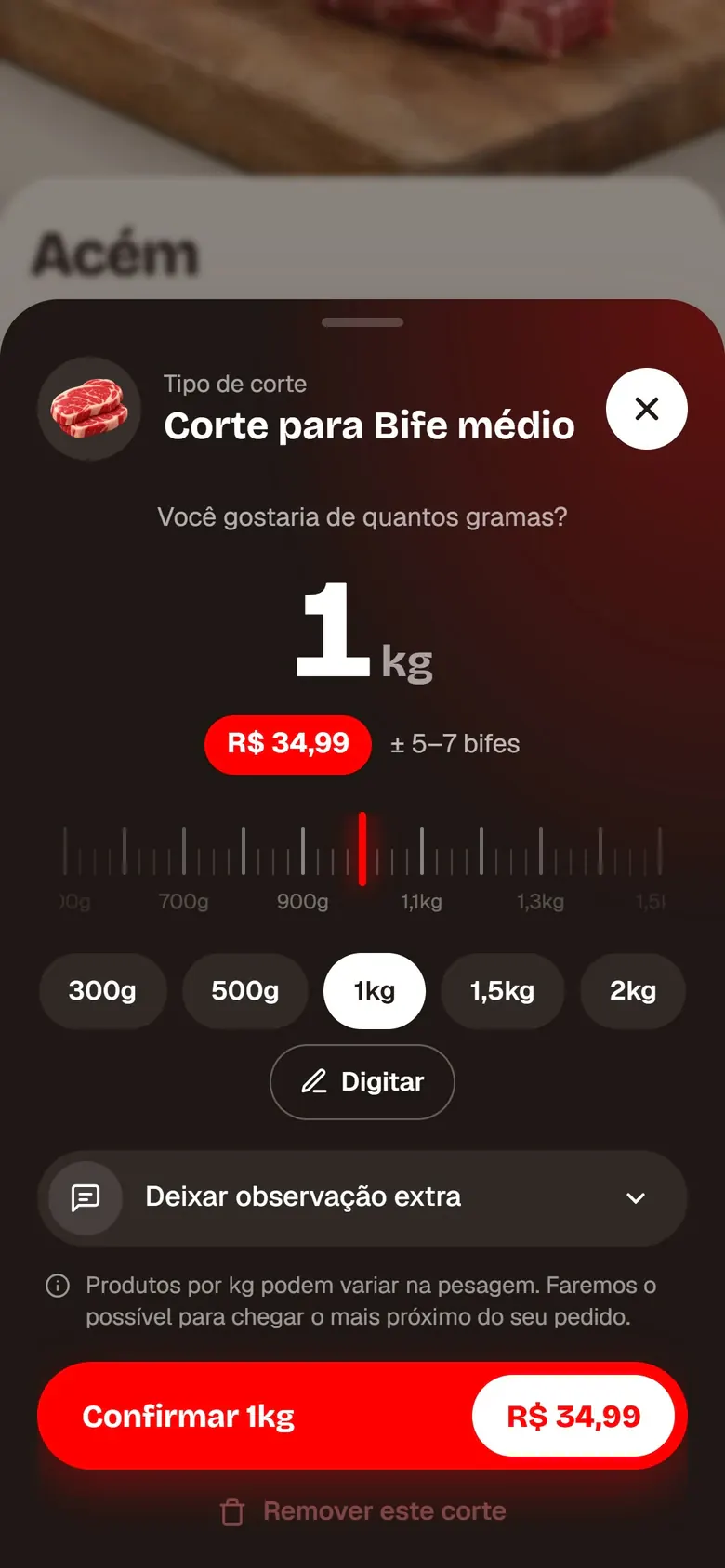Escolha do peso: 1 kg selecionado